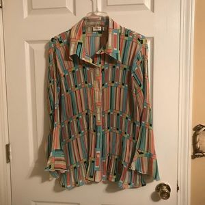 Multi Color Pleated Ruffle Sleeve Button Up Top